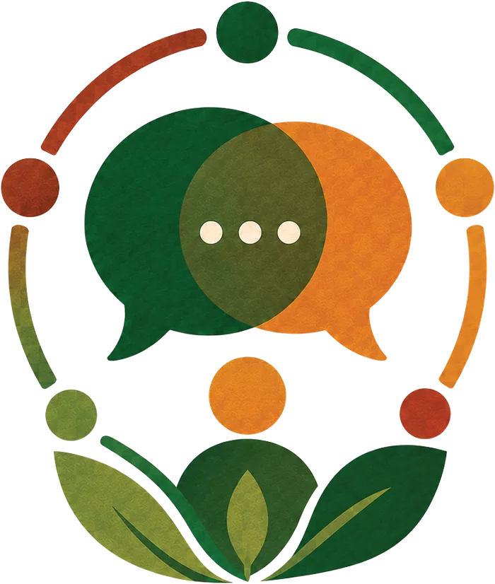 Illustration of five community members in conversation around two speech bubbles
