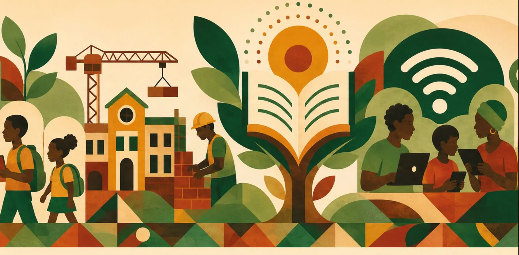 Illustration of learners, builders and families in a green and orange landscape