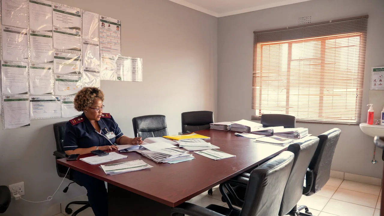 A nurse working at the meeting table in the clinic office