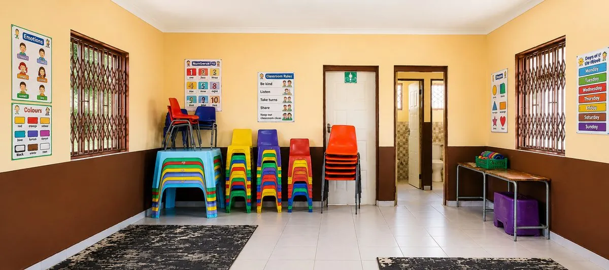 A bright new Grade R classroom with stacked colourful chairs
