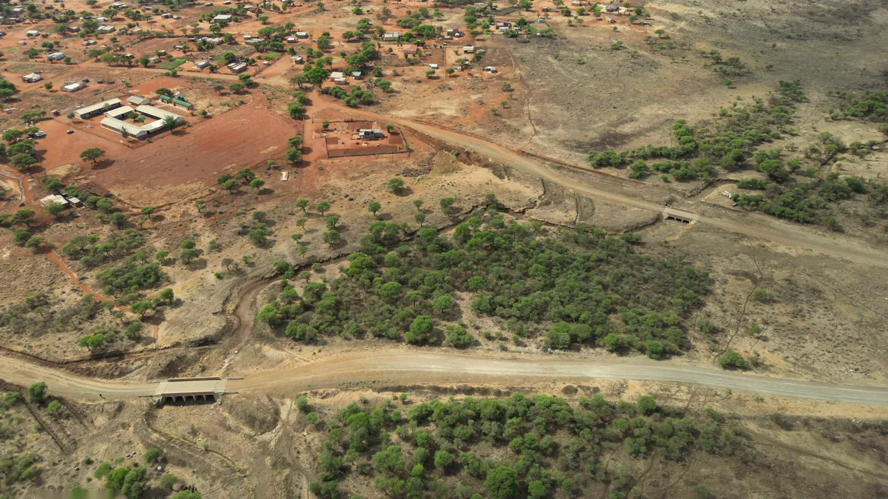 Aerial view of the bridges on the roads around Sefikile village