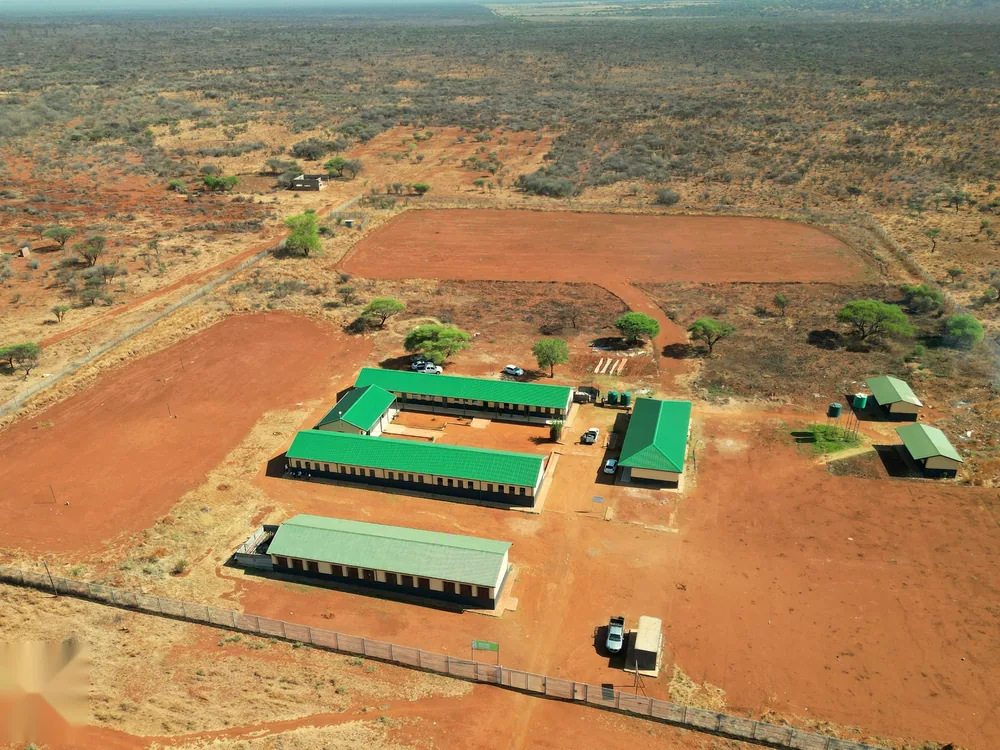 Aerial view of the new school buildings with green roofs